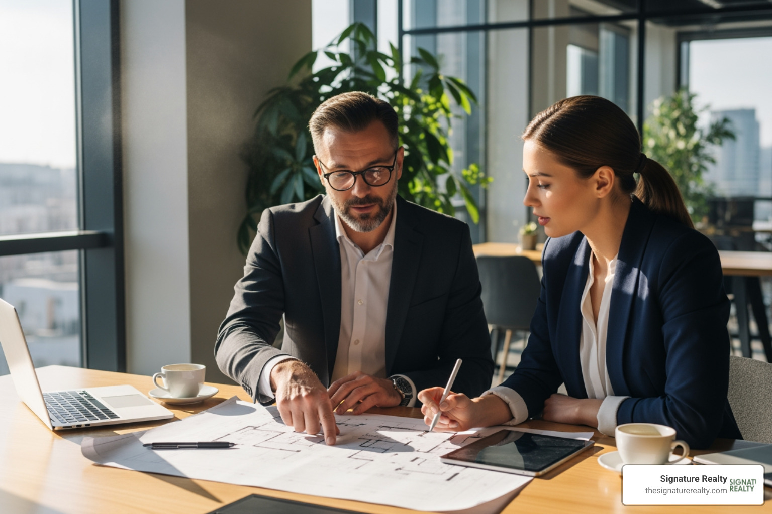 a business owner reviewing a floor plan with a Signature Realty agent - how to lease commercial real estate a business owner reviewing a floor plan with a Signature Realty agent - how to lease commercial real estate
