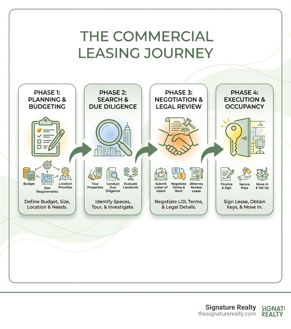 infographic showing four phases of commercial leasing: Phase 1 Planning and Budgeting with checklist icon, Phase 2 Search and Due Diligence with magnifying glass icon, Phase 3 Negotiation and Legal Review with handshake icon, Phase 4 Execution and Occupancy with key icon - how to lease commercial real estate infographic infographic showing four phases of commercial leasing: Phase 1 Planning and Budgeting with checklist icon, Phase 2 Search and Due Diligence with magnifying glass icon, Phase 3 Negotiation and Legal Review with handshake icon, Phase 4 Execution and Occupancy with key icon - how to lease commercial real estate infographic