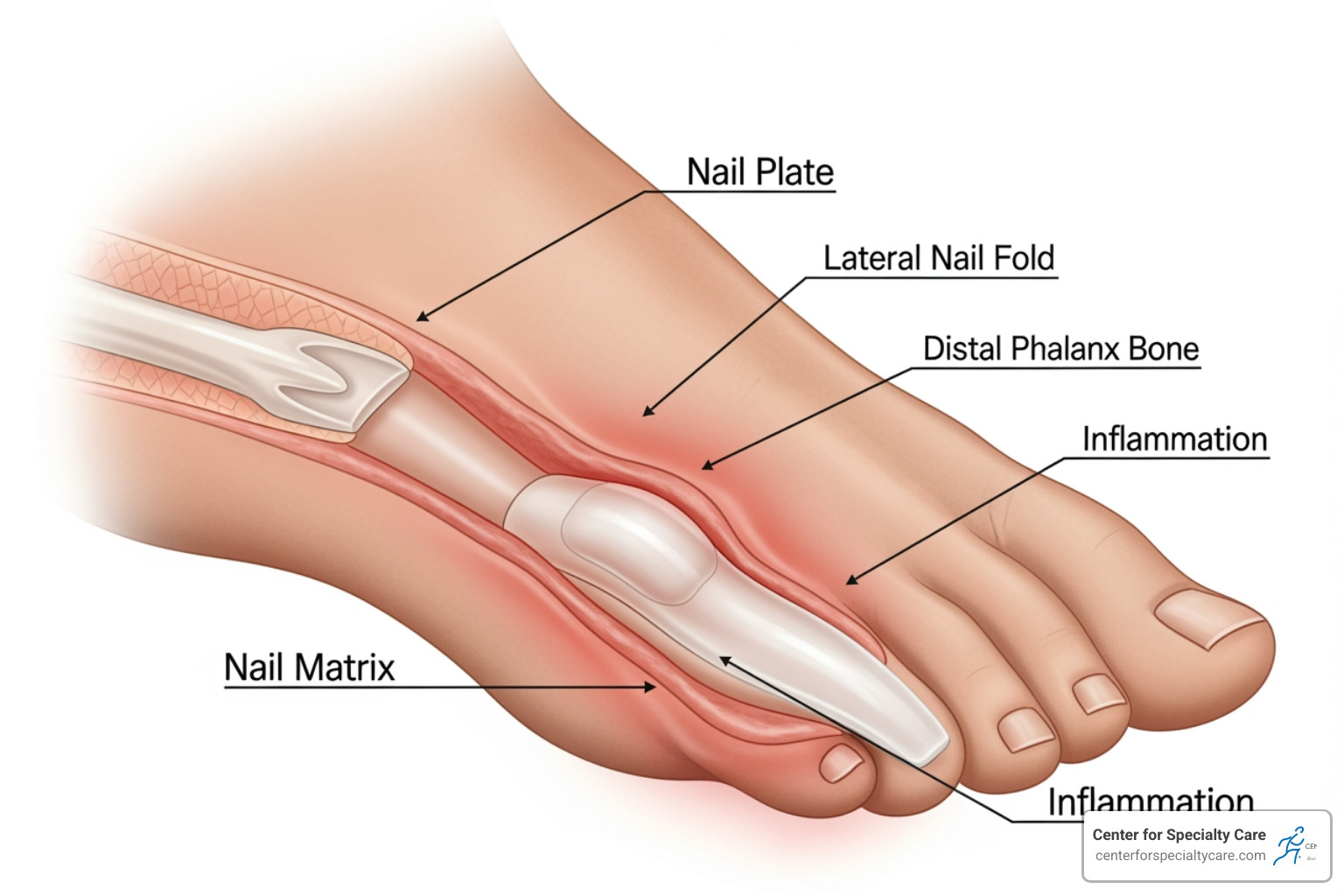 diagram illustrating how a toenail grows into the surrounding skin - ingrown toenail fix