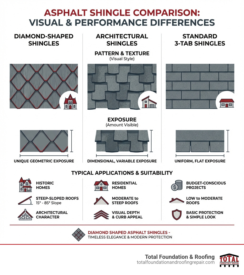 Infographic comparing diamond-shaped asphalt shingles to standard 3-tab and architectural shingles, showing side-by-side visual differences in pattern, texture, and exposure, along with typical applications for each style and their suitability for different roof slopes - diamond shaped asphalt shingles infographic 