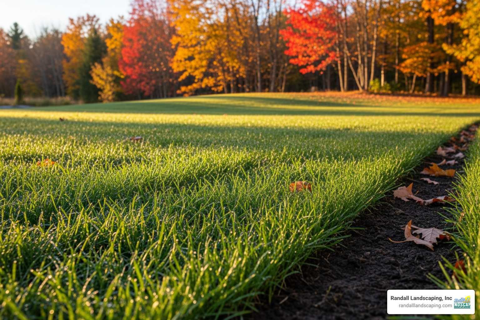 A lush, newly seeded lawn bathed in golden autumn light in New Hampshire. - lawn installation salem nh