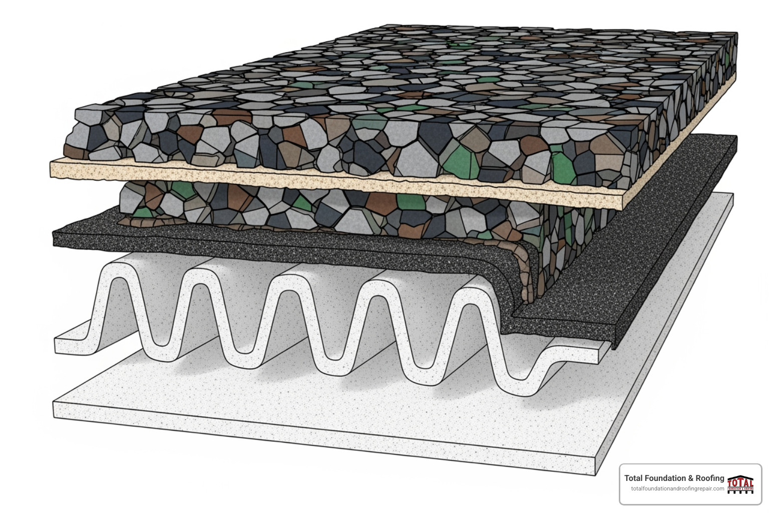 diagram showing the layers of a modern fiberglass diamond shingle, highlighting the fiberglass mat and granule surface - diamond shaped asphalt shingles