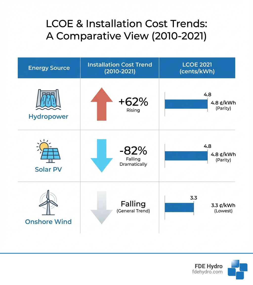 table comparing LCOE and installation cost trends - Building new dams infographic 