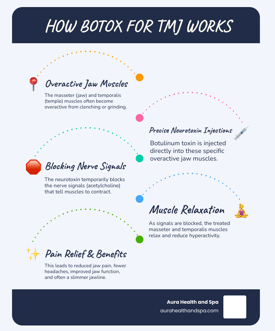 Infographic showing the temporomandibular joint anatomy with labeled masseter muscle, temporalis muscle, and TMJ location, illustrating injection sites and how neurotoxins work to relax these muscles for pain relief - Botox for TMJ relief infographic infographic-line-5-steps-blues-accent_colors