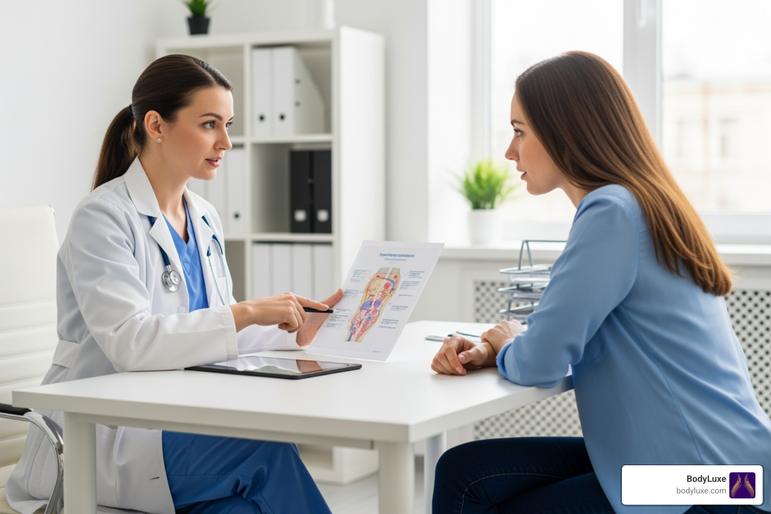 image of a surgeon consulting with a patient - awake liposuction evanston il