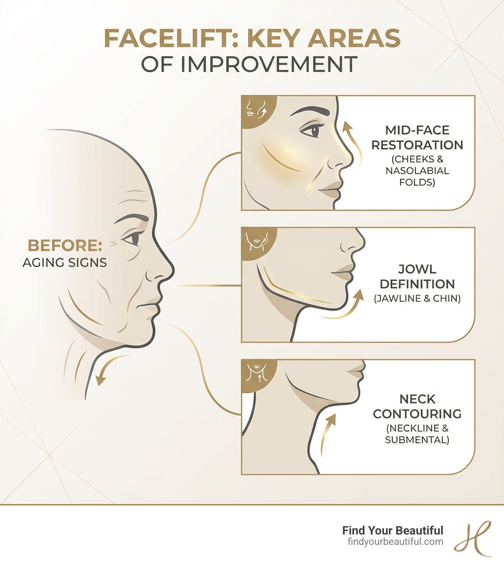 Infographic explaining the key facial areas improved by a facelift, such as the mid-face, jowls, and neck - facelift san antonio infographic Infographic explaining the key facial areas improved by a facelift, such as the mid-face, jowls, and neck - facelift san antonio infographic