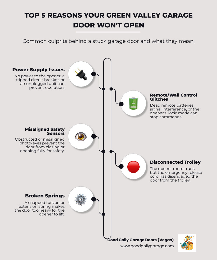 Infographic showing the top 5 reasons a garage door won't open: broken springs (shown with a torsion spring with visible gap), power supply issues (circuit breaker panel), disconnected trolley (emergency release cord), misaligned safety sensors (photo-eyes with indicator lights), and damaged tracks or cables (bent track with roller) - why is my garage door won't open green valley nv infographic infographic-line-5-steps-elegant_beige