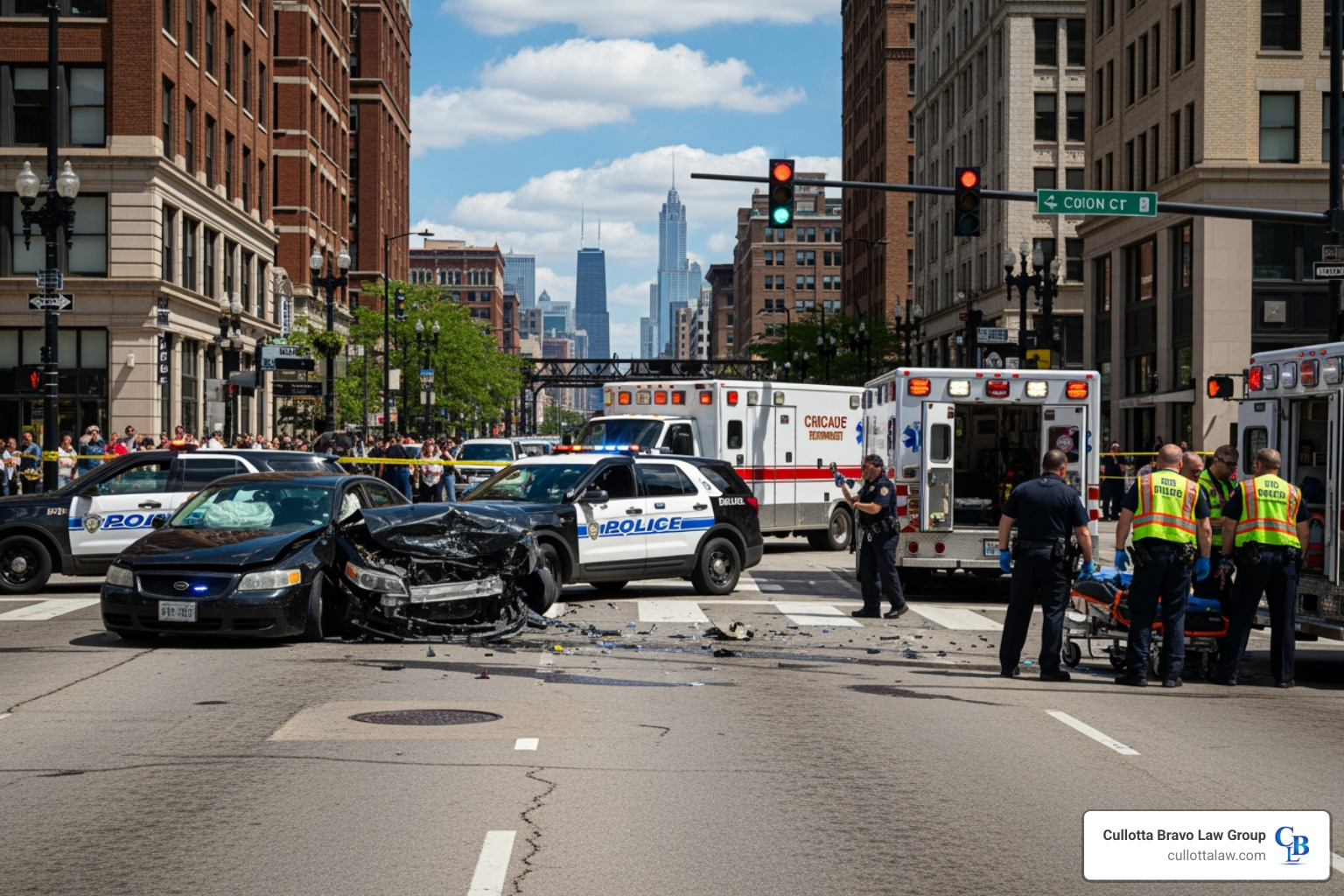 A car accident scene on a Chicago street with emergency vehicles - chicago car accident lawyer