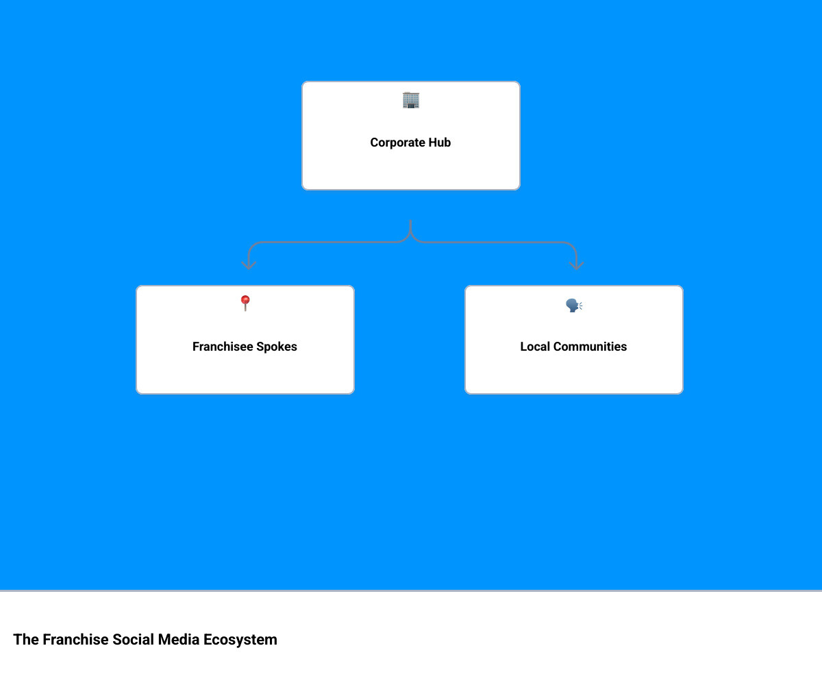 Infographic showing the franchise social media ecosystem: Corporate Hub at the center providing brand guidelines, content templates, and management tools, connected to multiple Franchisee Spokes representing individual locations creating local content and engaging communities, which then connect to Local Communities showing customers, reviews, and local partnerships - Franchise social media management infographic hierarchy