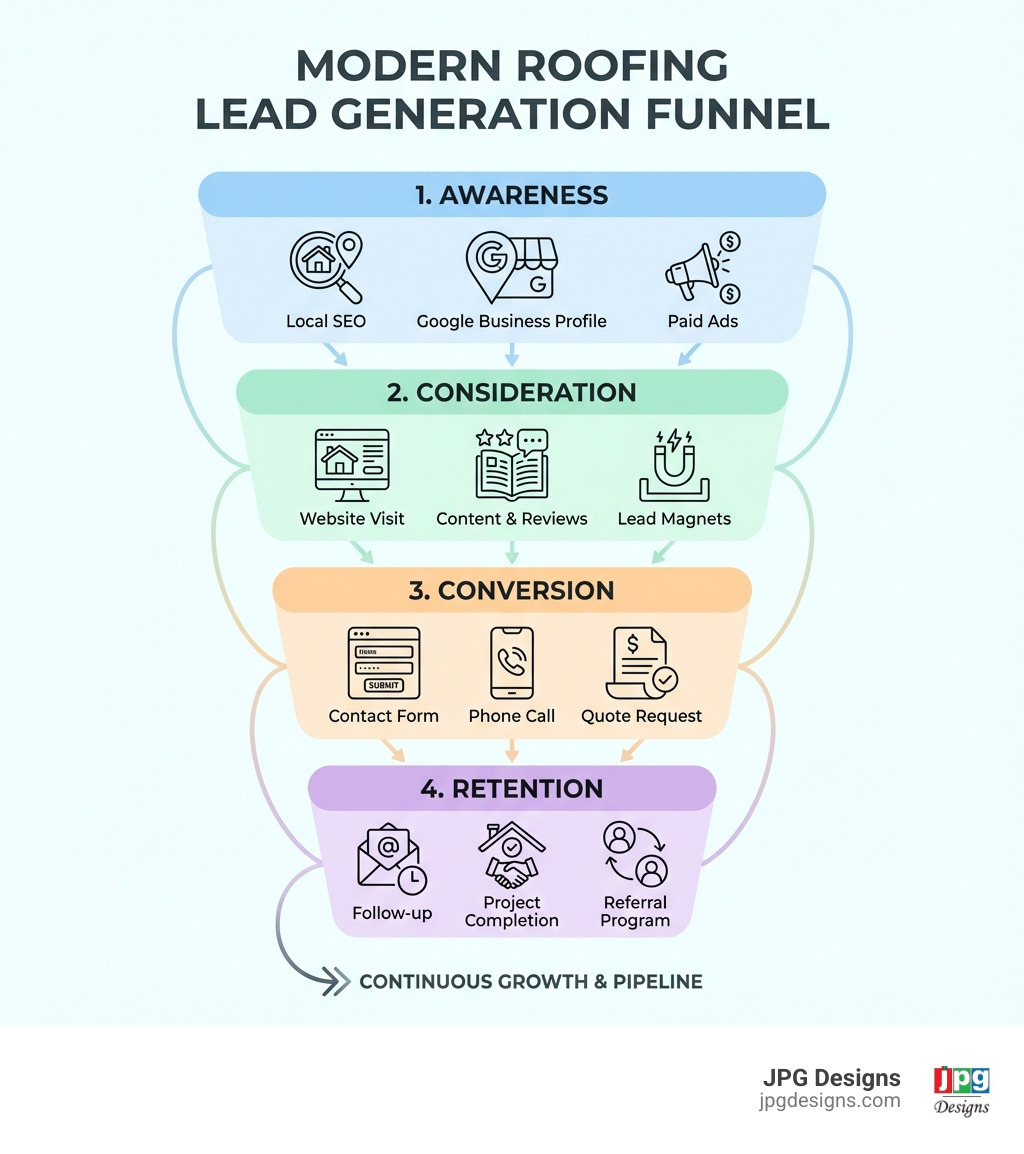 Infographic showing the modern roofing lead generation funnel with stages: Awareness (Local SEO, Google Business Profile, Paid Ads), Consideration (Website Visit, Content & Reviews, Lead Magnets), Conversion (Contact Form, Phone Call, Quote Request), and Retention (Follow-up, Project Completion, Referral Program) - Get roofing leads infographic 
