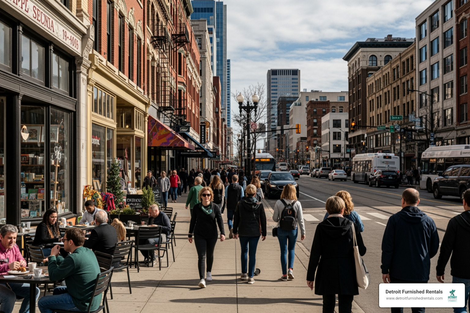 Busy street in Midtown with cafes and shops - Detroit city living