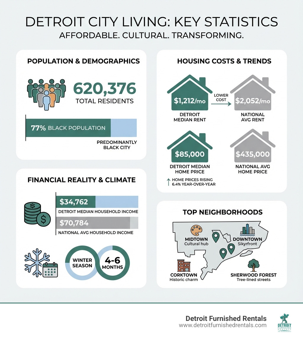 Infographic showing Detroit city living statistics: population 620,376, median rent $1,212 vs national average $2,052, median home price $85,000 vs national average $435,000, median household income $34,762 vs national average $70,784, 77% Black population, home prices rising 6.4% year-over-year, winter season 4-6 months, top neighborhoods include Midtown, Downtown, Corktown, and Sherwood Forest - Detroit city living infographic 