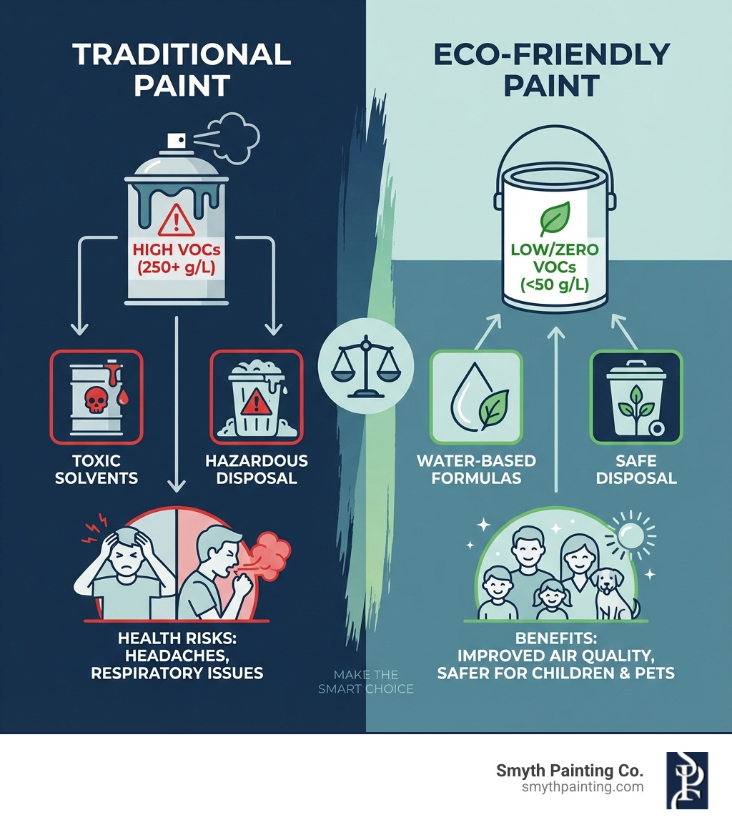 Infographic comparing traditional paint vs eco-friendly paint: Traditional paint shows high VOC levels (250+ g/L), toxic solvents, hazardous disposal, and health risks including headaches and respiratory issues. Eco-friendly paint shows low/zero VOC levels (under 50 g/L), water-based formulas, safe disposal, natural ingredients, and benefits including improved air quality and safer for children and pets. - eco friendly painting infographic Infographic comparing traditional paint vs eco-friendly paint: Traditional paint shows high VOC levels (250+ g/L), toxic solvents, hazardous disposal, and health risks including headaches and respiratory issues. Eco-friendly paint shows low/zero VOC levels (under 50 g/L), water-based formulas, safe disposal, natural ingredients, and benefits including improved air quality and safer for children and pets. - eco friendly painting infographic