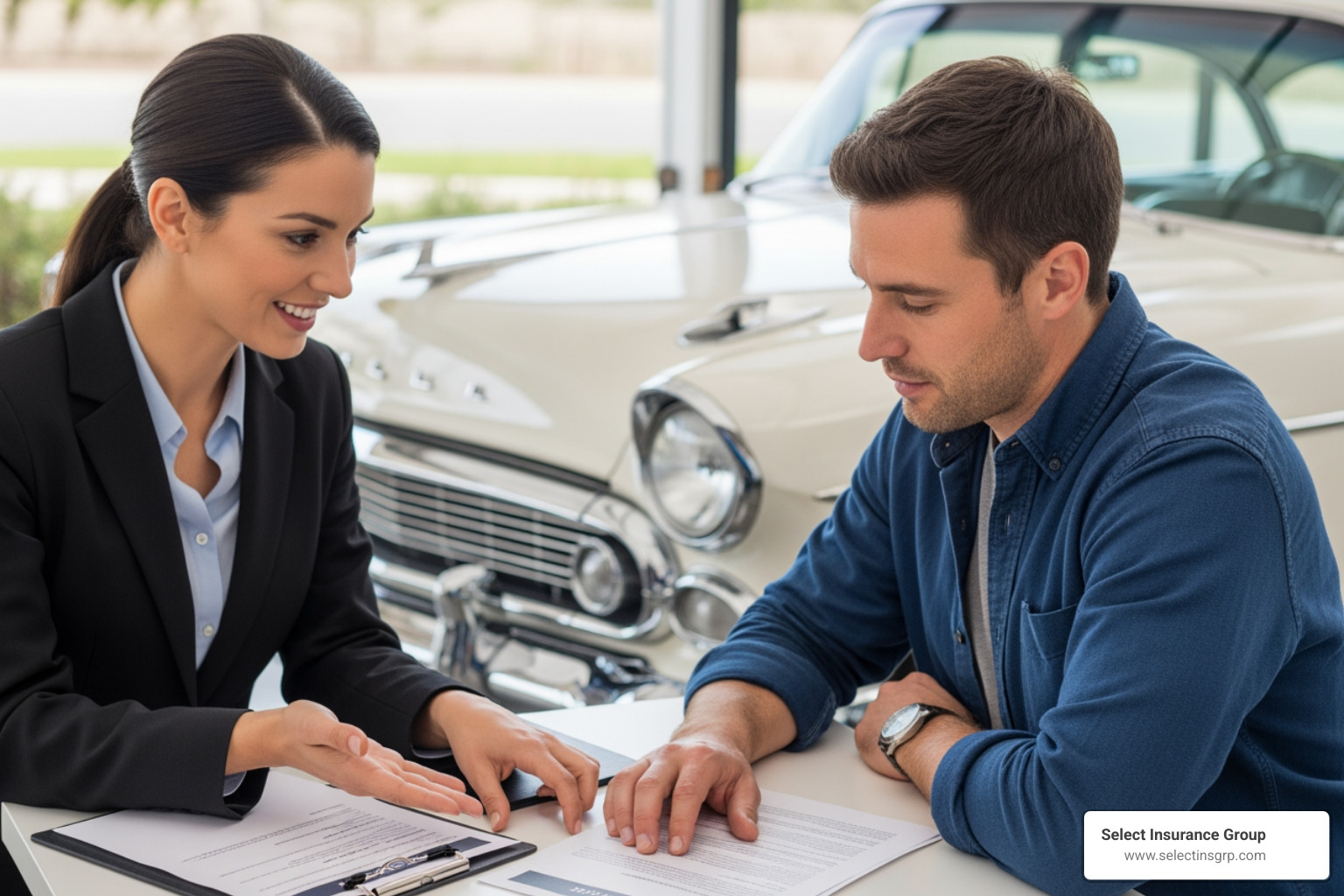 an insurance agent discussing a policy with a classic car owner - Classic car insurance NC an insurance agent discussing a policy with a classic car owner - Classic car insurance NC