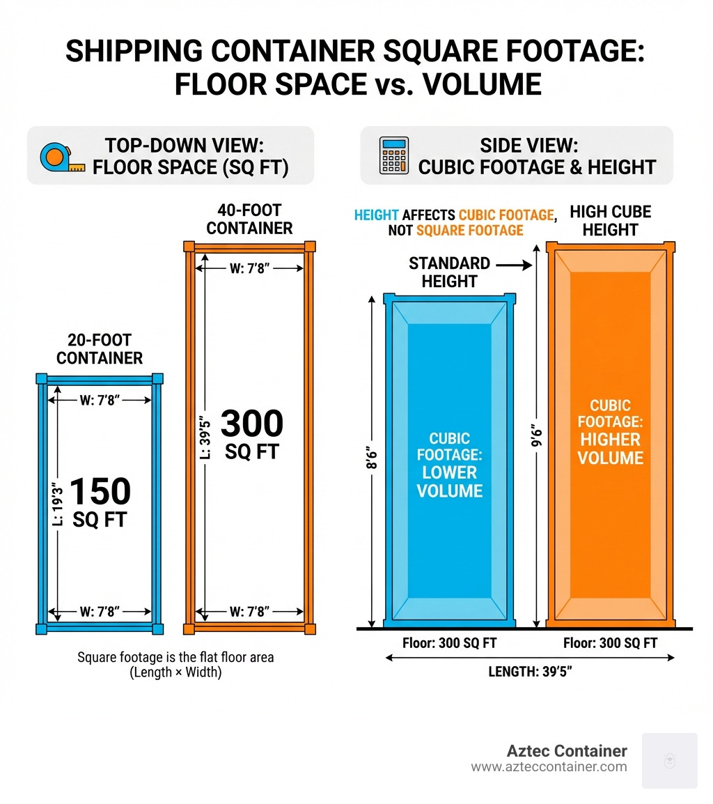 infographic showing a top-down view of a 20-foot and 40-foot shipping container with interior dimensions labeled, calculating 150 sq ft and 300 sq ft respectively, alongside a side view showing how height affects cubic footage but not square footage - shipping container square footage infographic 