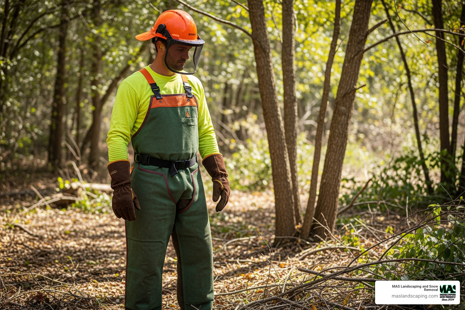 person wearing full PPE, including a hard hat with face shield, gloves, and chaps - best equipment to clear brush and small trees