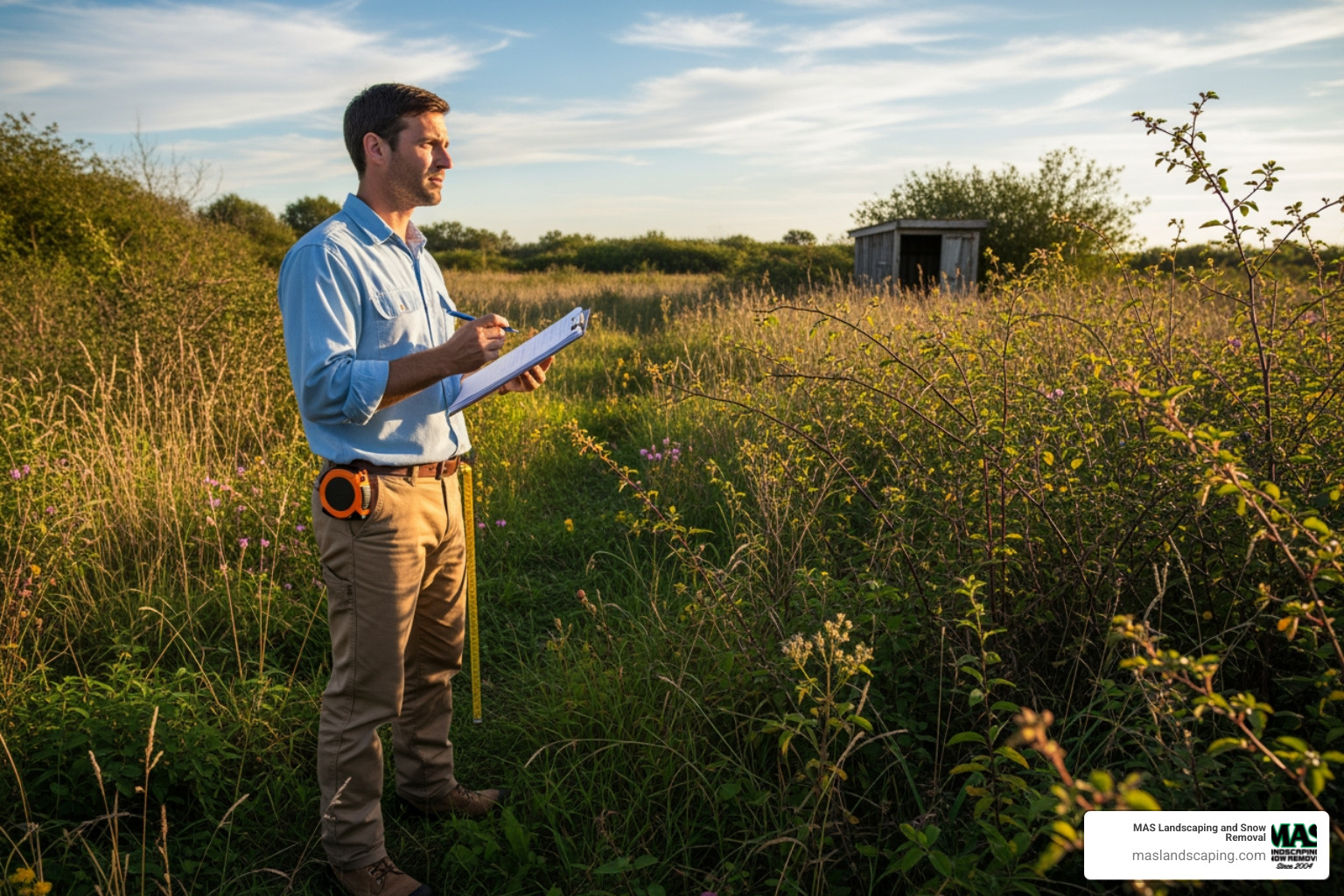 person surveying overgrown property with notepad - best equipment to clear brush and small trees