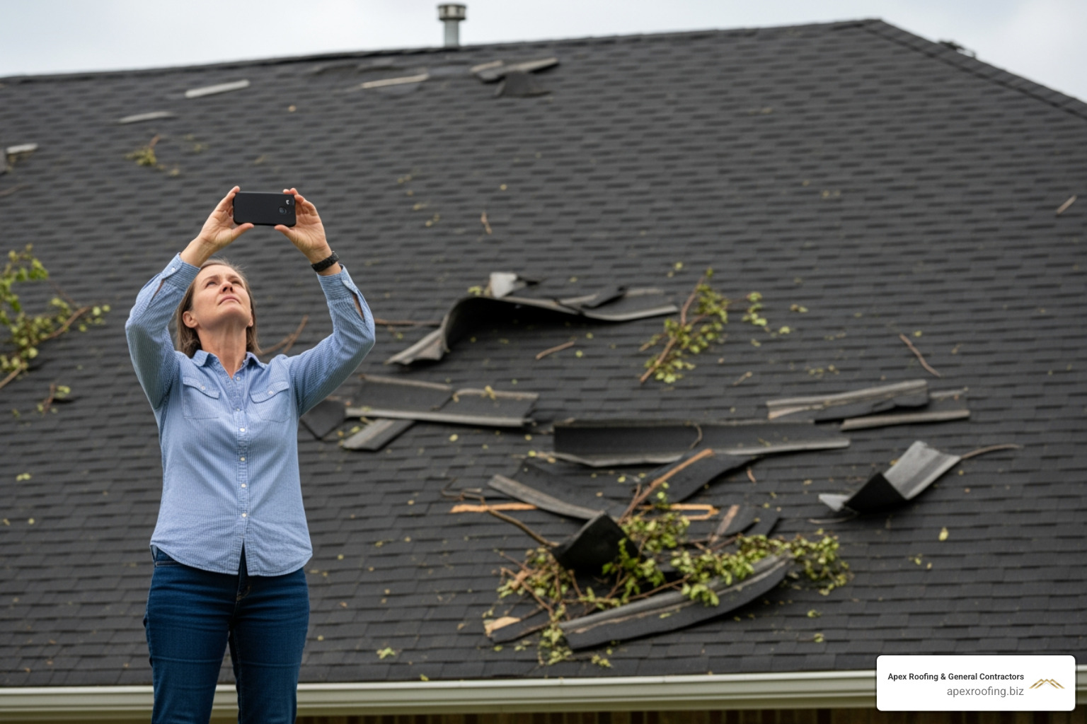 homeowner safely taking photos of a damaged roof from the ground - storm damage roof replacement