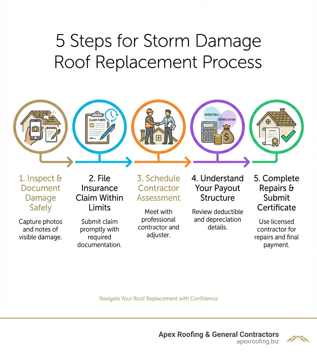 infographic showing five steps for storm damage roof replacement: 1. Inspect and document damage safely with photos and notes, 2. File insurance claim within policy time limits with all required documentation, 3. Schedule professional contractor assessment to meet with adjuster, 4. Understand your payout structure including deductible and depreciation, 5. Complete repairs with licensed contractor and submit certificate for final payment - storm damage roof replacement infographic 