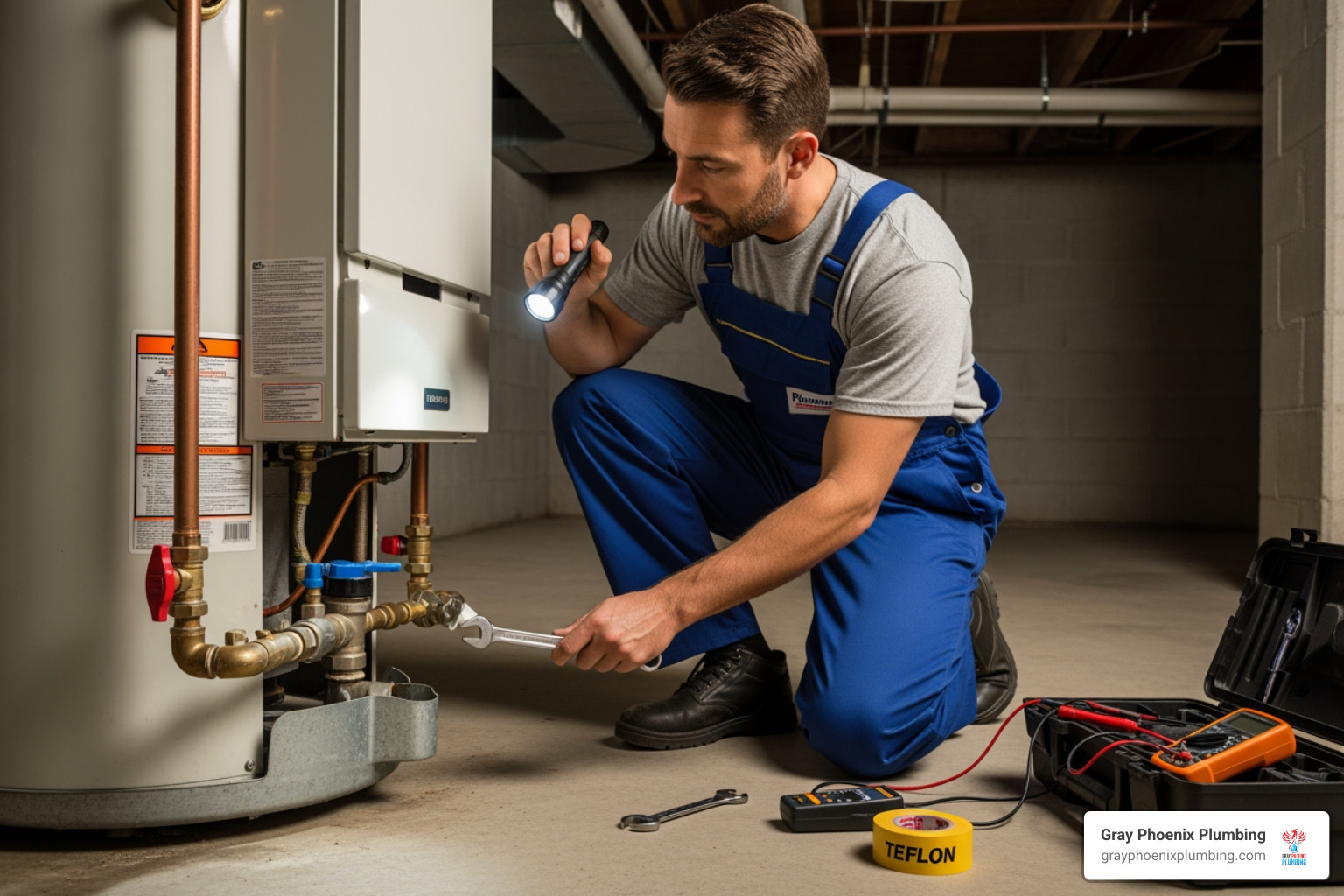 Professional plumber inspecting a water heater - plumbers in denver colorado