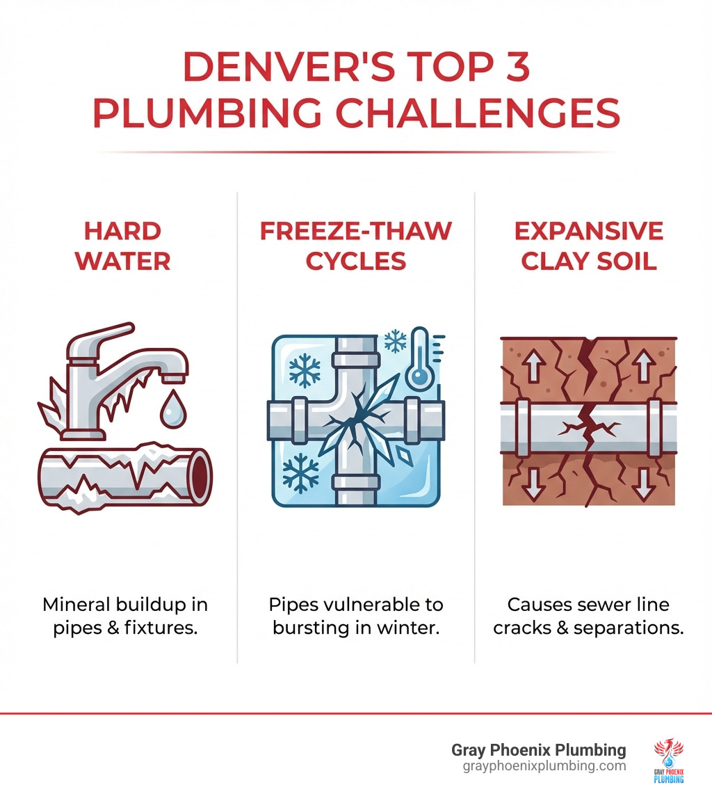Infographic showing Denver's top 3 plumbing challenges: Hard Water (mineral buildup in pipes and fixtures), Freeze-Thaw Cycles (pipes vulnerable to bursting in winter), and Expansive Clay Soil (causes sewer line cracks and separations) - plumbers in denver colorado infographic 