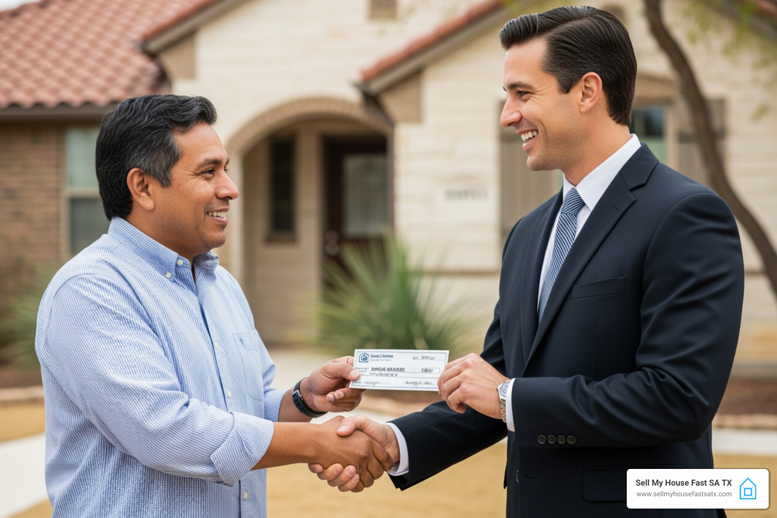 A happy San Antonio homeowner shaking hands with Daniel Cabrera, receiving a cash check for their property - house selling websites