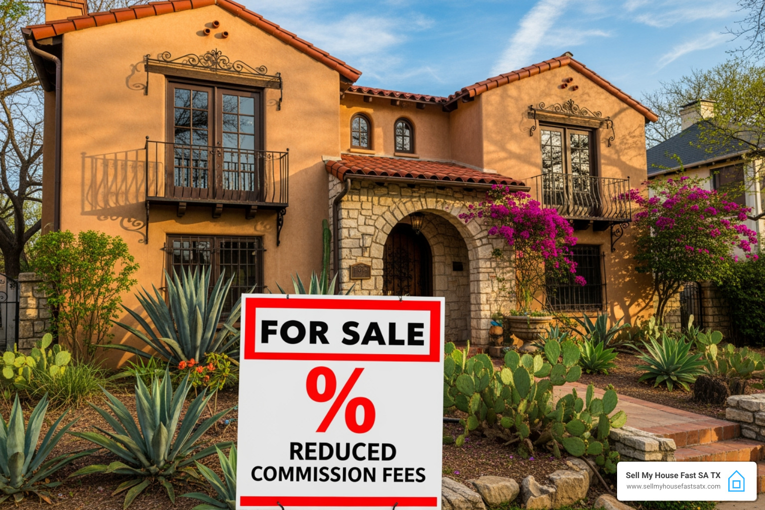 A house with a "For Sale" sign and a percentage symbol, indicating reduced commission fees - house selling websites