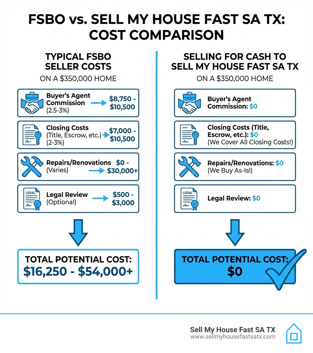 Infographic comparing typical FSBO costs versus selling for cash to Sell My House Fast SA TX - free paperwork for selling a house by owner infographic 