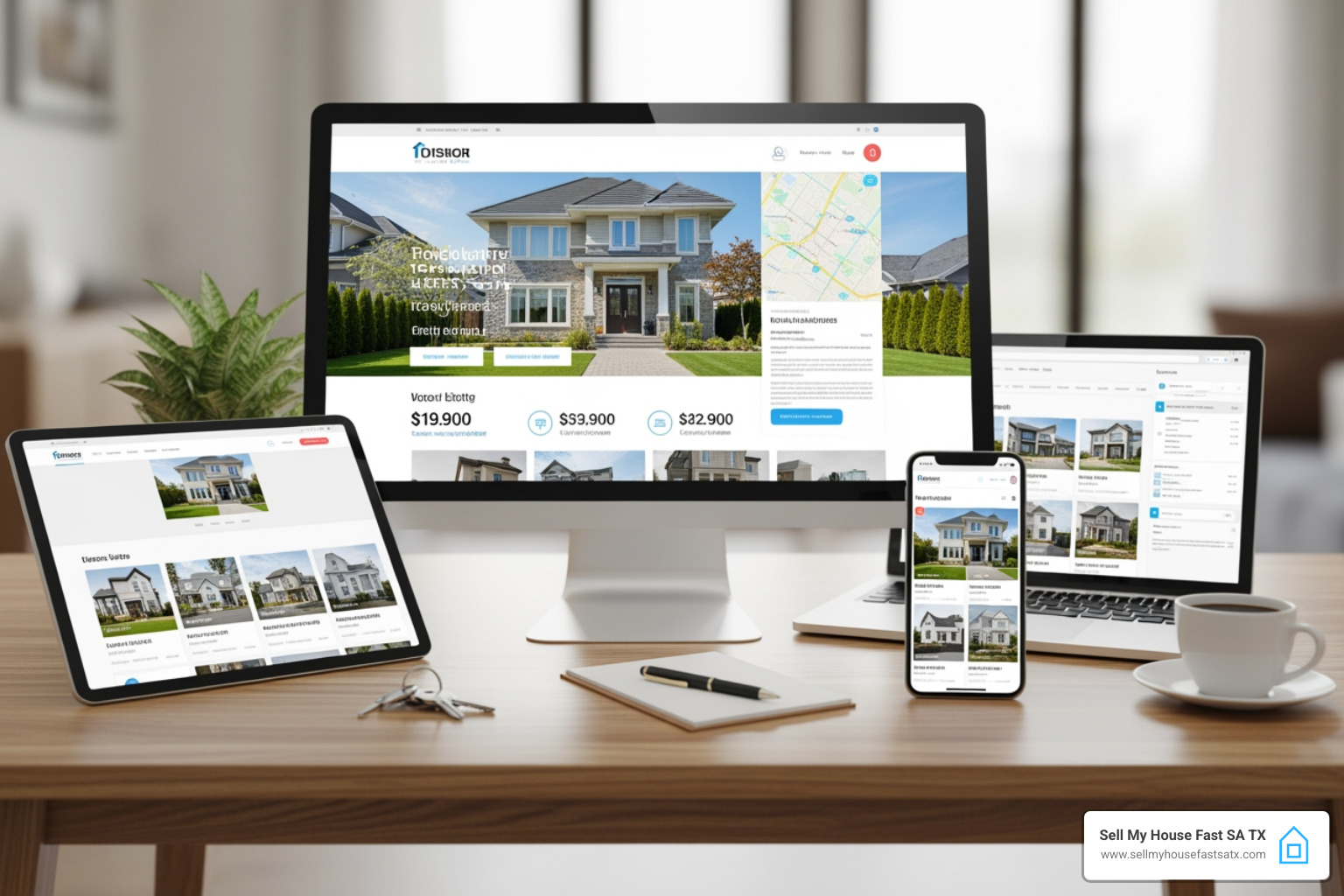 A traditional San Antonio home with a "For Sale" sign and an open house banner, illustrating the common listing approach - house selling websites