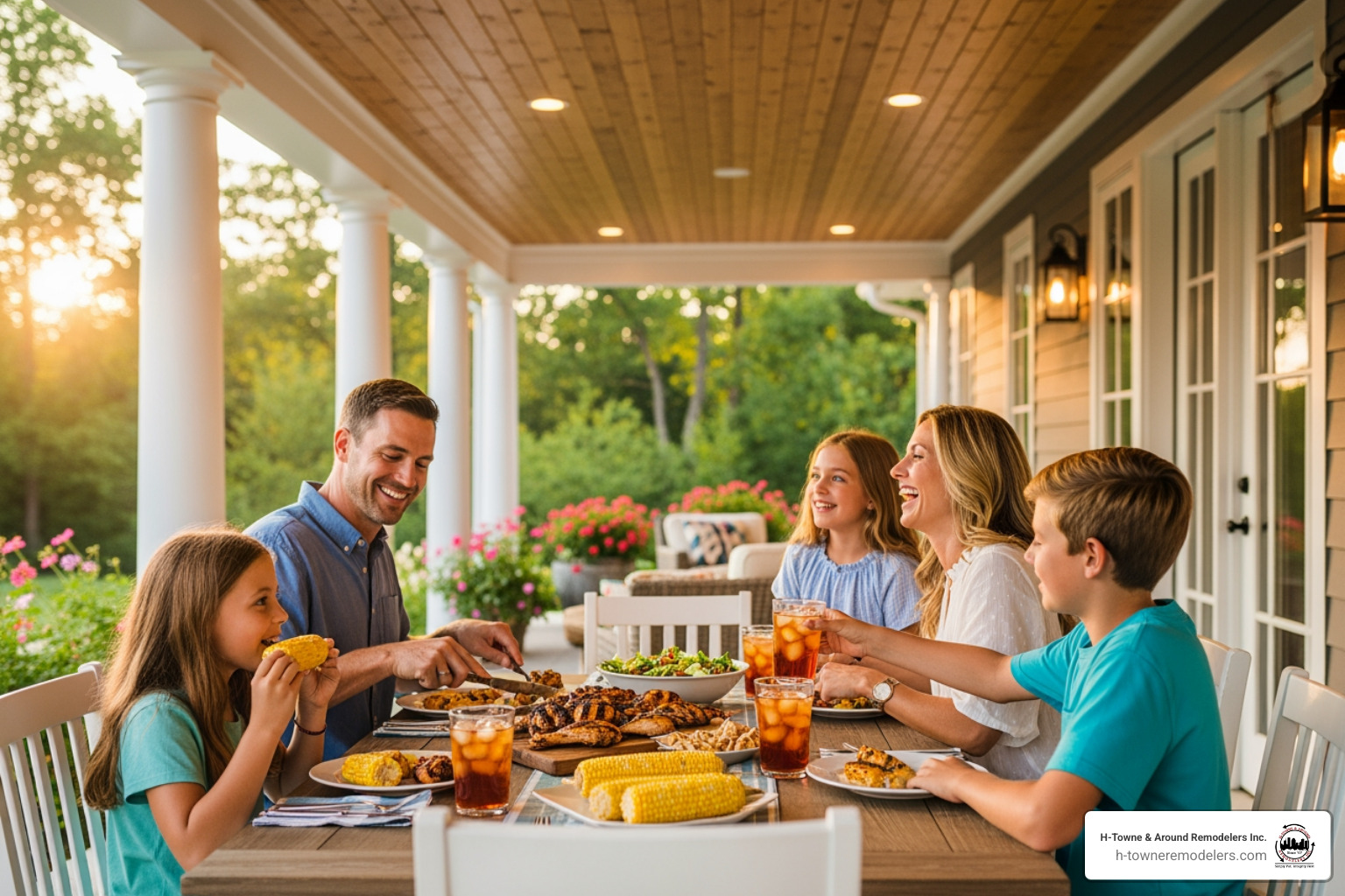 family enjoying a meal on a new covered porch - porch and patio builder