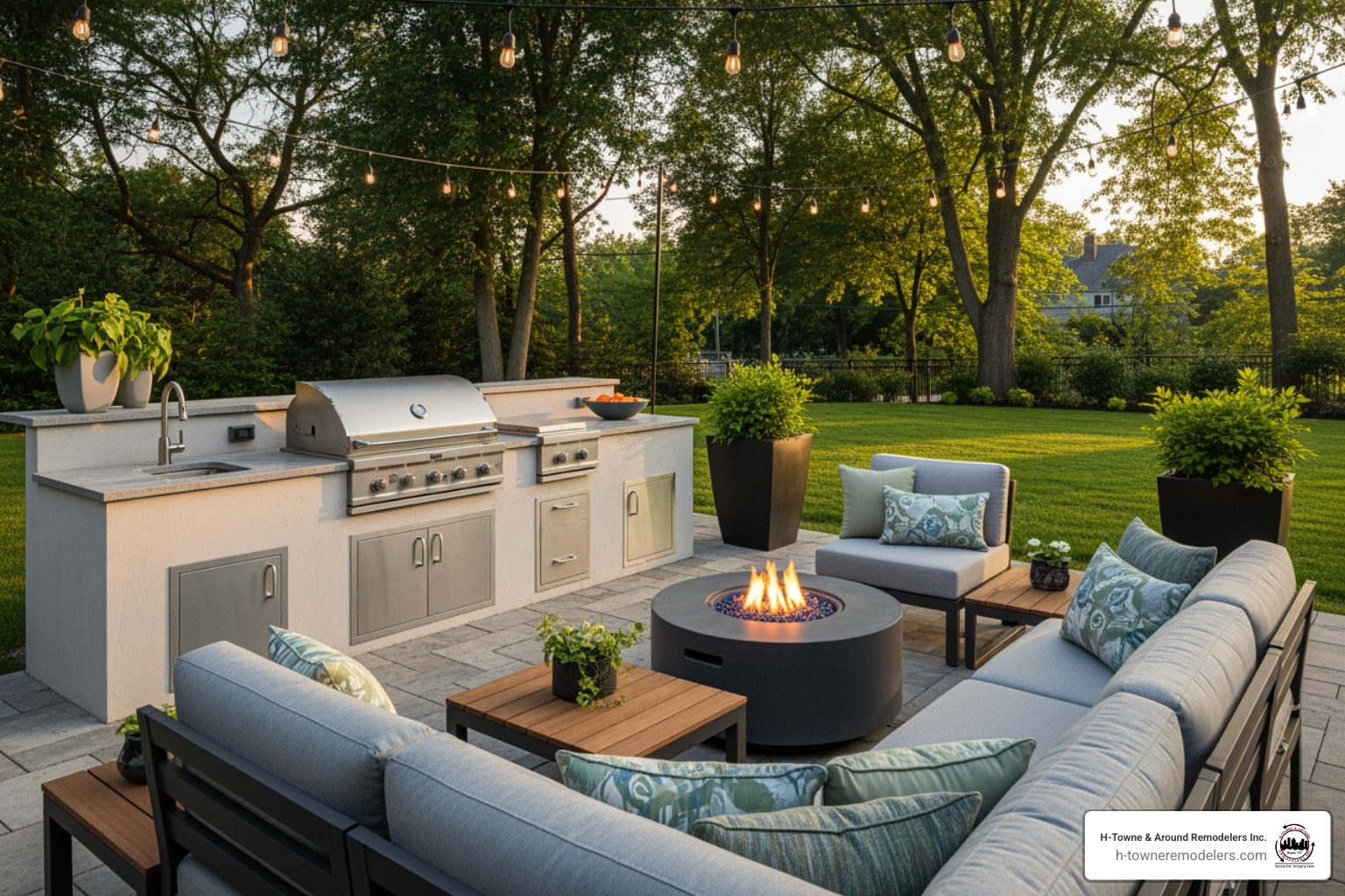 modern patio with an outdoor kitchen and a fire pit - porch and patio builder