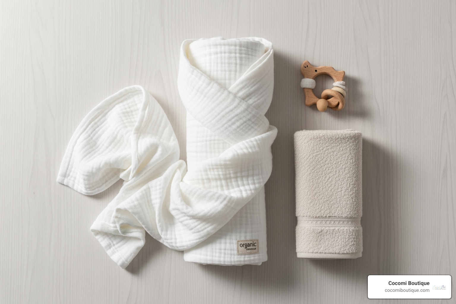 Flat-lay of various organic baby products like a swaddle, a wooden toy, and a soft towel - Organic baby essentials