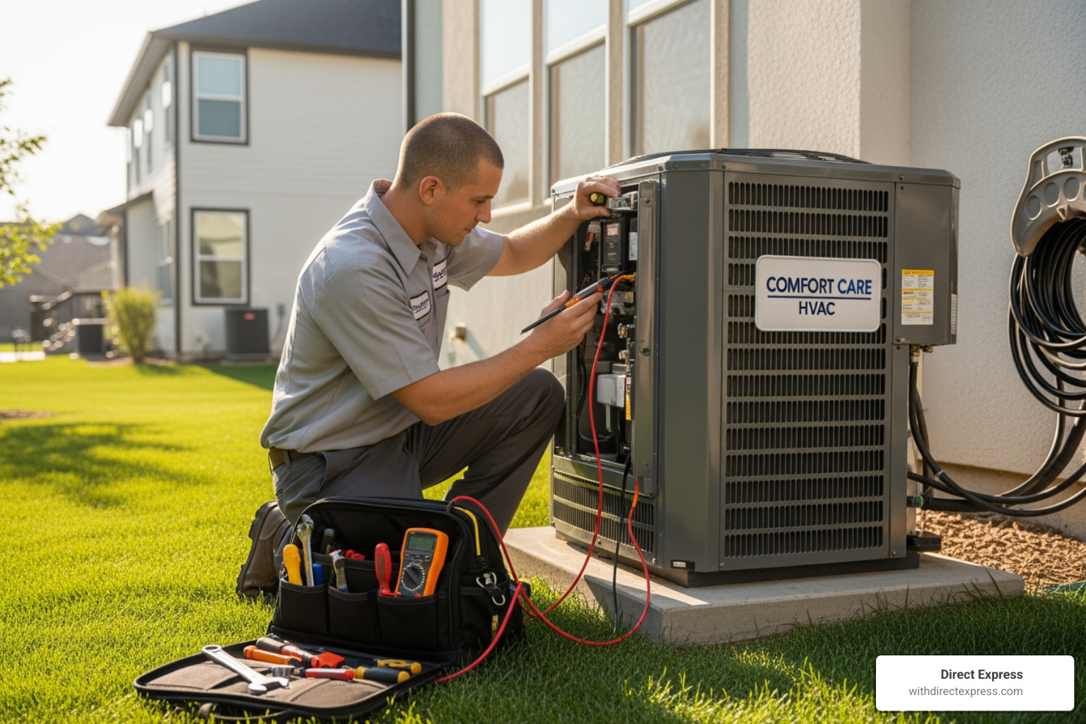 maintenance worker servicing an HVAC unit - Property maintenance Tampa