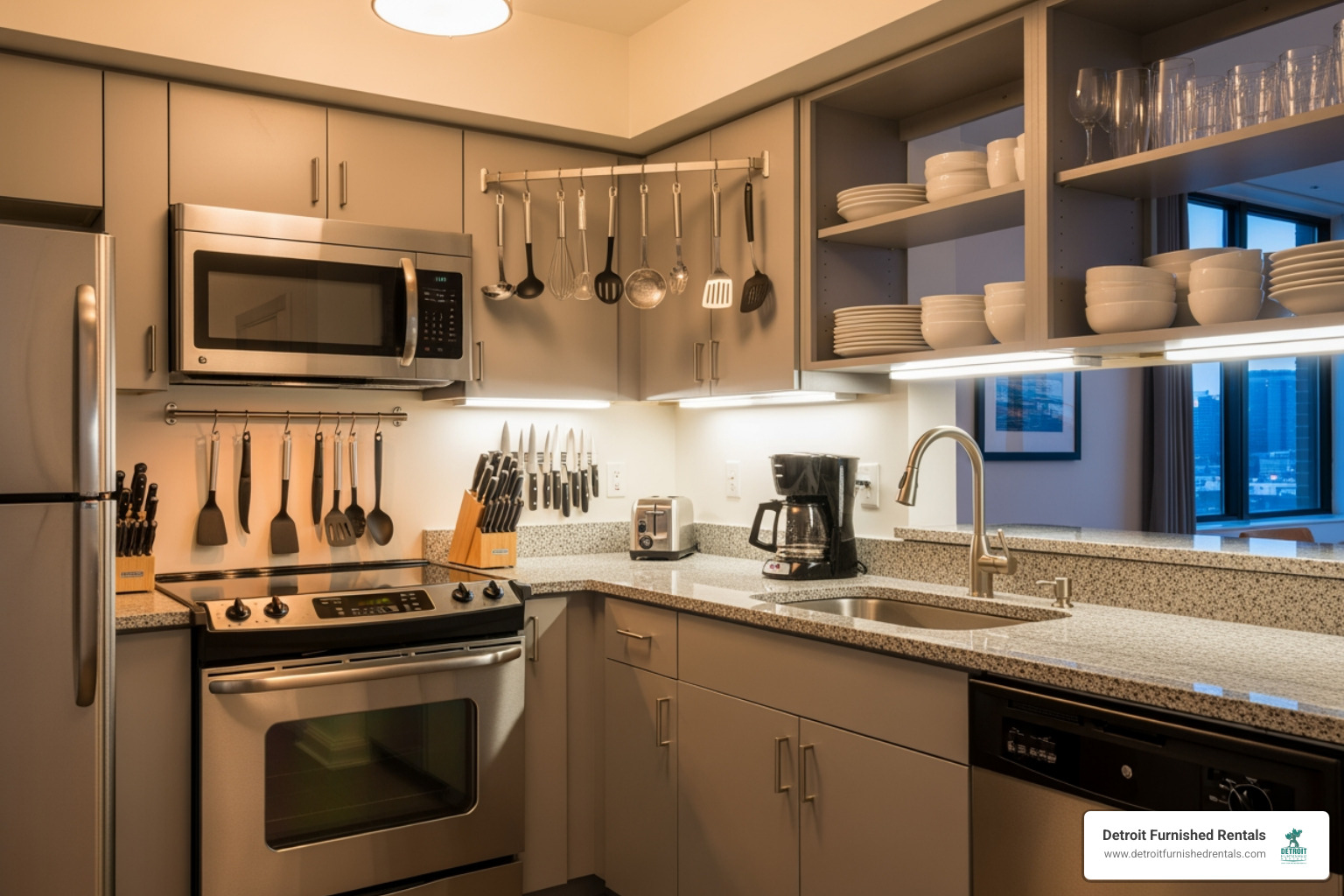 A fully equipped, modern kitchen with stainless steel appliances and ample counter space in a corporate apartment - Short term housing solutions