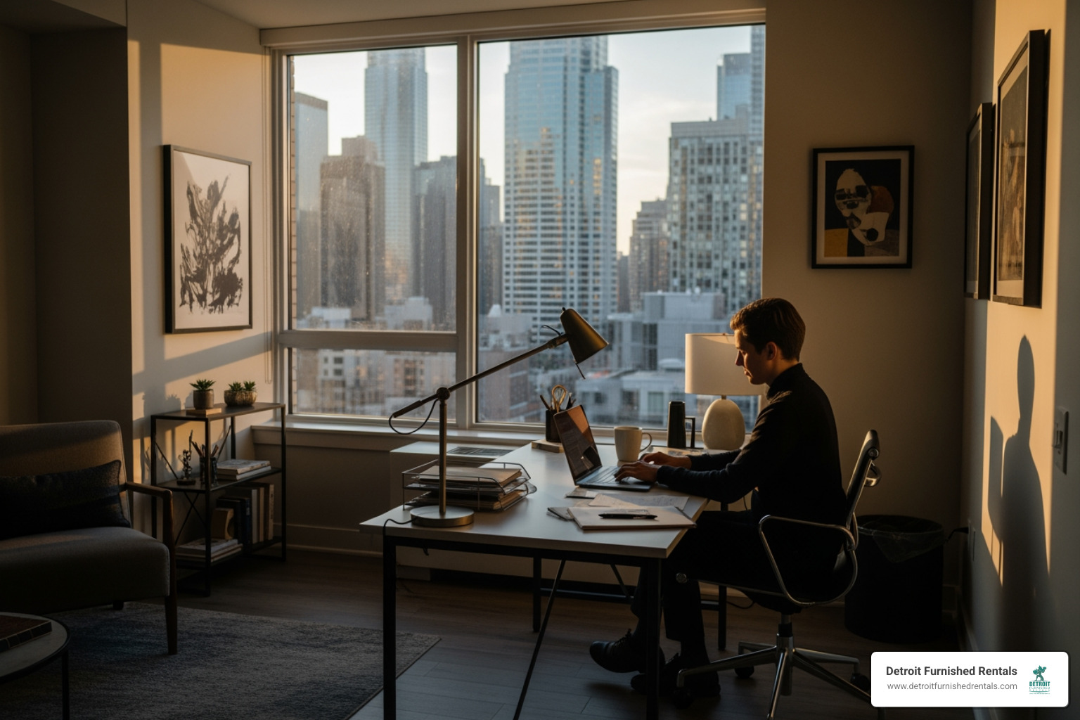 A person working comfortably at a desk in a a well-lit, modern furnished apartment with a city view through large windows - Short term housing solutions