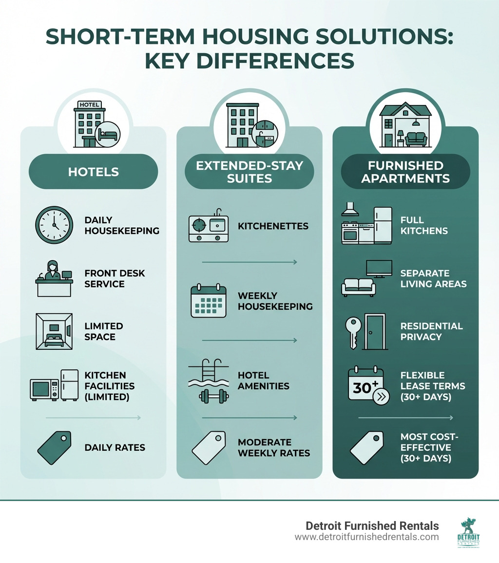 Infographic showing the key differences between hotels, extended-stay suites, and furnished apartments: Hotels offer daily housekeeping and front desk service but limited space and kitchen facilities; Extended-stay suites provide kitchenettes, weekly housekeeping, and hotel amenities at moderate rates; Furnished apartments deliver full kitchens, separate living areas, residential privacy, flexible lease terms, and the most cost-effective rates for stays of 30 days or longer - Short term housing solutions infographic 
