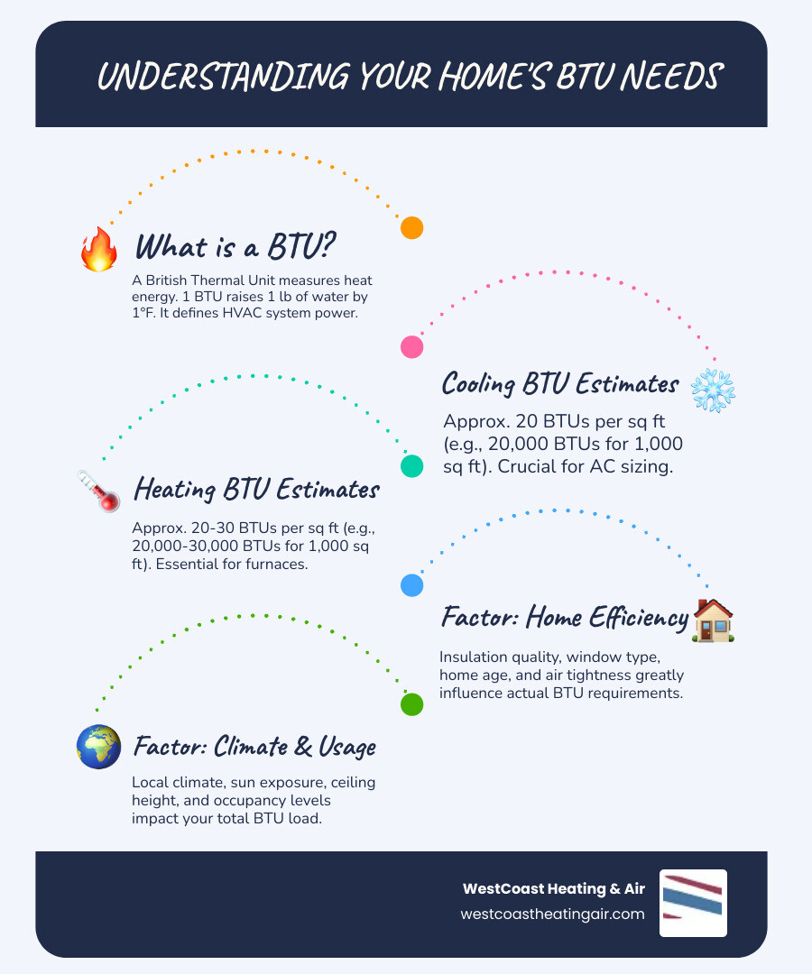 infographic showing BTU definition, heating vs cooling BTU needs by house size in a table format, and key factors like insulation, windows, climate, and ceiling height that affect requirements - btu for house size infographic infographic-line-5-steps-blues-accent_colors infographic showing BTU definition, heating vs cooling BTU needs by house size in a table format, and key factors like insulation, windows, climate, and ceiling height that affect requirements - btu for house size infographic infographic-line-5-steps-blues-accent_colors