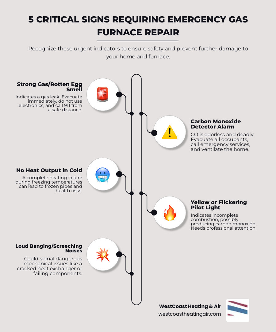 Infographic showing 5 critical signs requiring emergency gas furnace repair: 1) Strong gas or rotten egg smell with evacuation symbol, 2) Carbon monoxide detector alarm with warning icon, 3) No heat output with thermometer showing cold, 4) Yellow or flickering pilot light with flame icon, 5) Loud banging or screeching noises with sound wave symbol. Each sign includes a severity indicator and immediate action required. - emergency gas furnace repair in puyallup, wa infographic infographic-line-5-steps-elegant_beige Infographic showing 5 critical signs requiring emergency gas furnace repair: 1) Strong gas or rotten egg smell with evacuation symbol, 2) Carbon monoxide detector alarm with warning icon, 3) No heat output with thermometer showing cold, 4) Yellow or flickering pilot light with flame icon, 5) Loud banging or screeching noises with sound wave symbol. Each sign includes a severity indicator and immediate action required. - emergency gas furnace repair in puyallup, wa infographic infographic-line-5-steps-elegant_beige