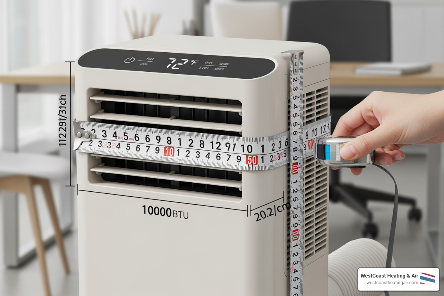 Infographic showing the key measurements for a 10000 BTU air conditioner including physical dimensions (width, height, depth), cooling capacity in square feet, electrical requirements (voltage and amperage), airflow in CFM, dehumidification capacity in pints per day, and typical noise levels in decibels, with icons representing each measurement type - 10000 btu air conditioner measurements Infographic showing the key measurements for a 10000 BTU air conditioner including physical dimensions (width, height, depth), cooling capacity in square feet, electrical requirements (voltage and amperage), airflow in CFM, dehumidification capacity in pints per day, and typical noise levels in decibels, with icons representing each measurement type - 10000 btu air conditioner measurements