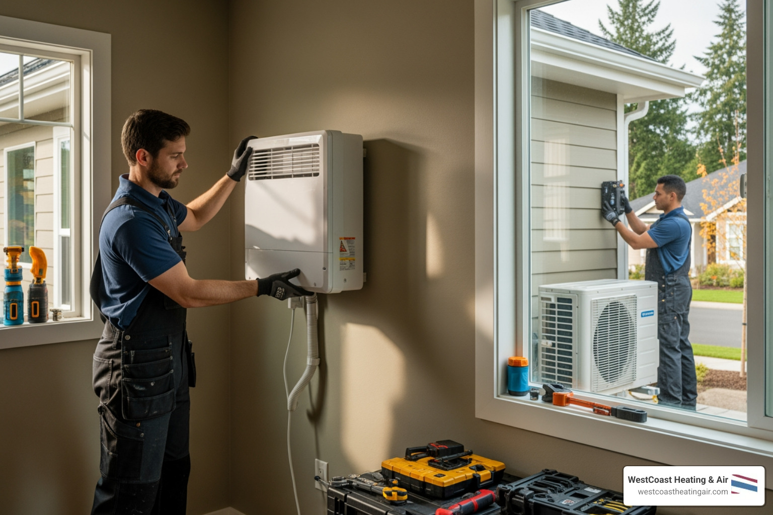 infographic showing how ductless heat pump systems work with outdoor compressor connected to indoor wall units via refrigerant lines, illustrating heating and cooling cycles, energy efficiency ratings, and zone control capabilities for Spanaway climate - affordable ductless heating installation in spanaway, wa infographic showing how ductless heat pump systems work with outdoor compressor connected to indoor wall units via refrigerant lines, illustrating heating and cooling cycles, energy efficiency ratings, and zone control capabilities for Spanaway climate - affordable ductless heating installation in spanaway, wa