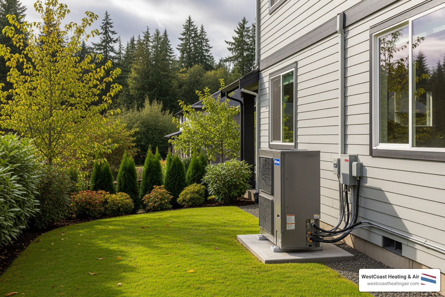 Infographic showing the heat pump installation process in Tacoma: 1. Home assessment and system sizing, 2. Choosing between ducted or ductless systems, 3. Professional installation with electrical and refrigerant connections, 4. Final testing and homeowner training, 5. Available rebates from Tacoma Power and federal tax credits - heat pump installation in tacoma wa