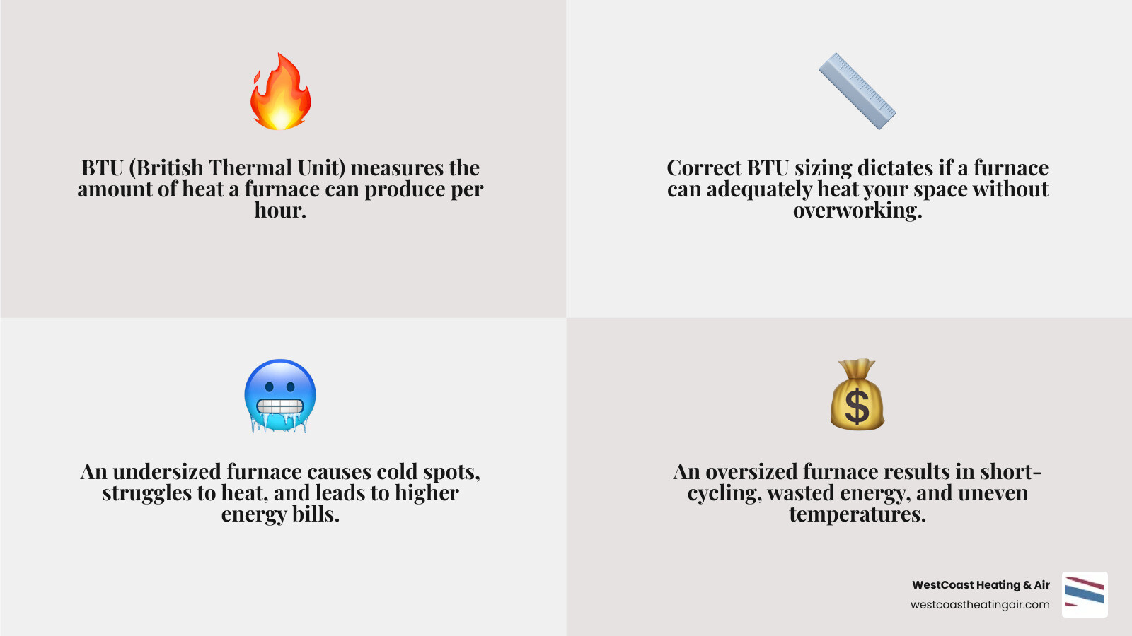 infographic showing BTU measurement explained with icons representing heat output, square footage coverage, and factors affecting furnace sizing including insulation, climate zone, and home layout - 30000 btu furnace infographic 4_facts_emoji_grey