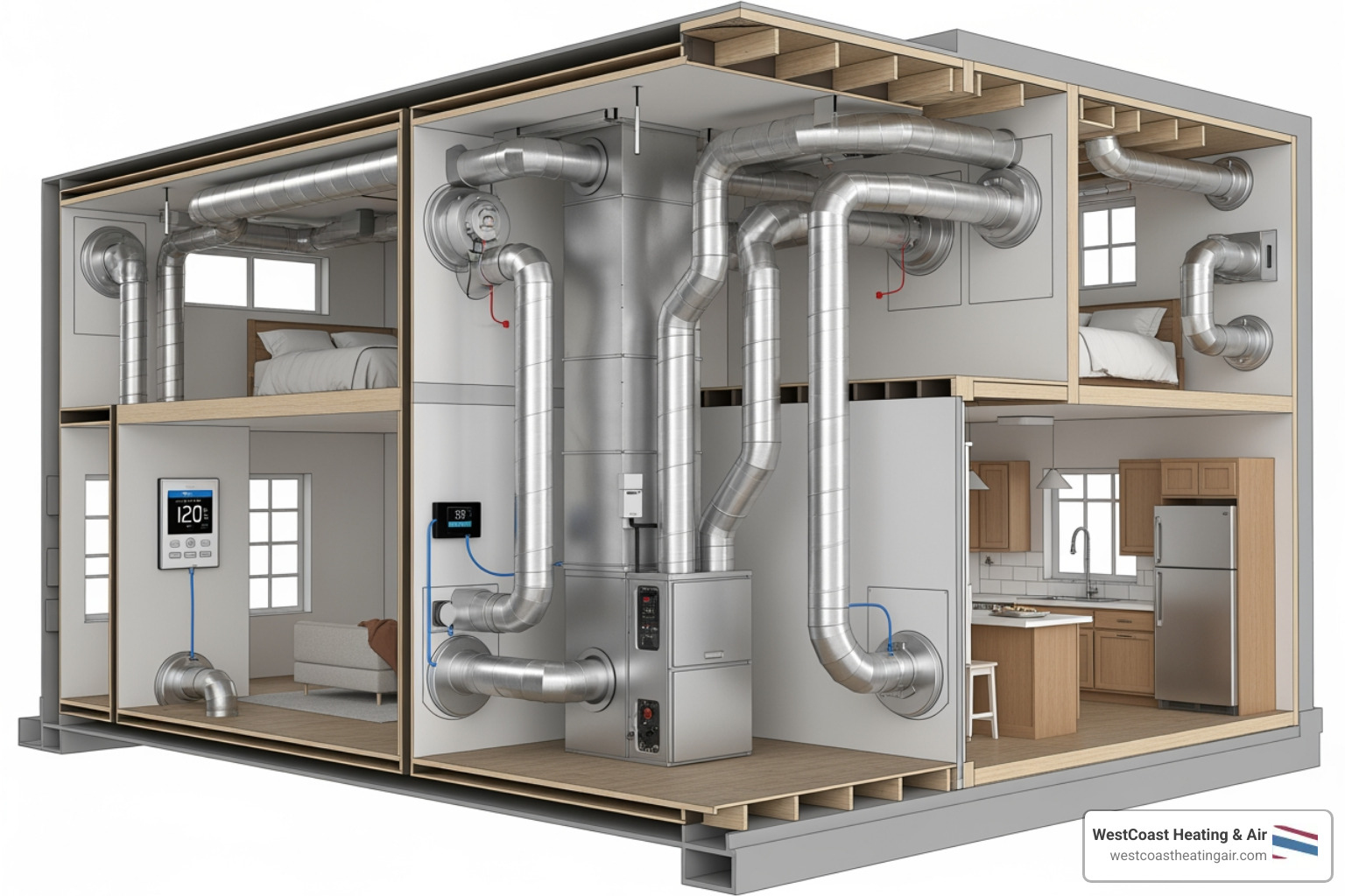 infographic explaining how a central furnace delivers air through ducts, with dampers directing it to different zones, each controlled by its own thermostat - Furnace zone control systems infographic explaining how a central furnace delivers air through ducts, with dampers directing it to different zones, each controlled by its own thermostat - Furnace zone control systems
