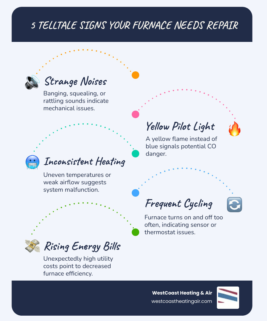 infographic showing five warning signs of furnace problems: strange noises, yellow flame, weak airflow, cycling issues, and unusual smells, with simple icons for each - gas furnace repair in puyallup wa infographic infographic-line-5-steps-blues-accent_colors