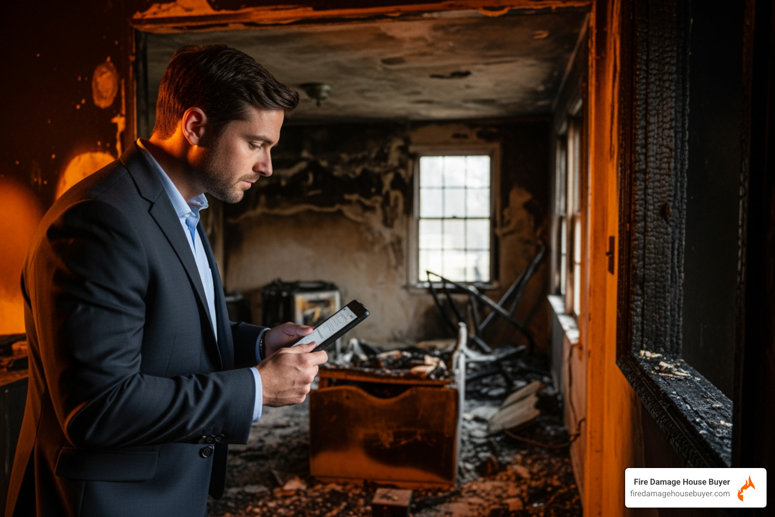 insurance adjuster inspecting a charred room - rebuilding a house after a fire insurance adjuster inspecting a charred room - rebuilding a house after a fire
