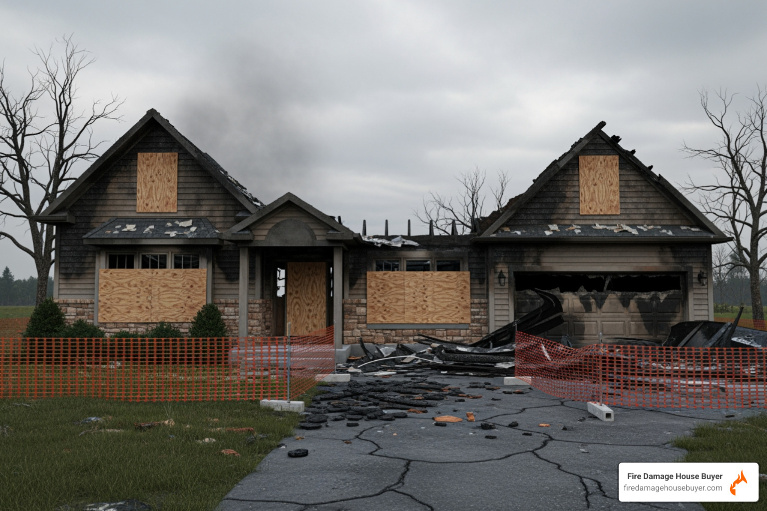 fire-damaged house with boarded-up windows and temporary fencing - rebuilding a house after a fire fire-damaged house with boarded-up windows and temporary fencing - rebuilding a house after a fire