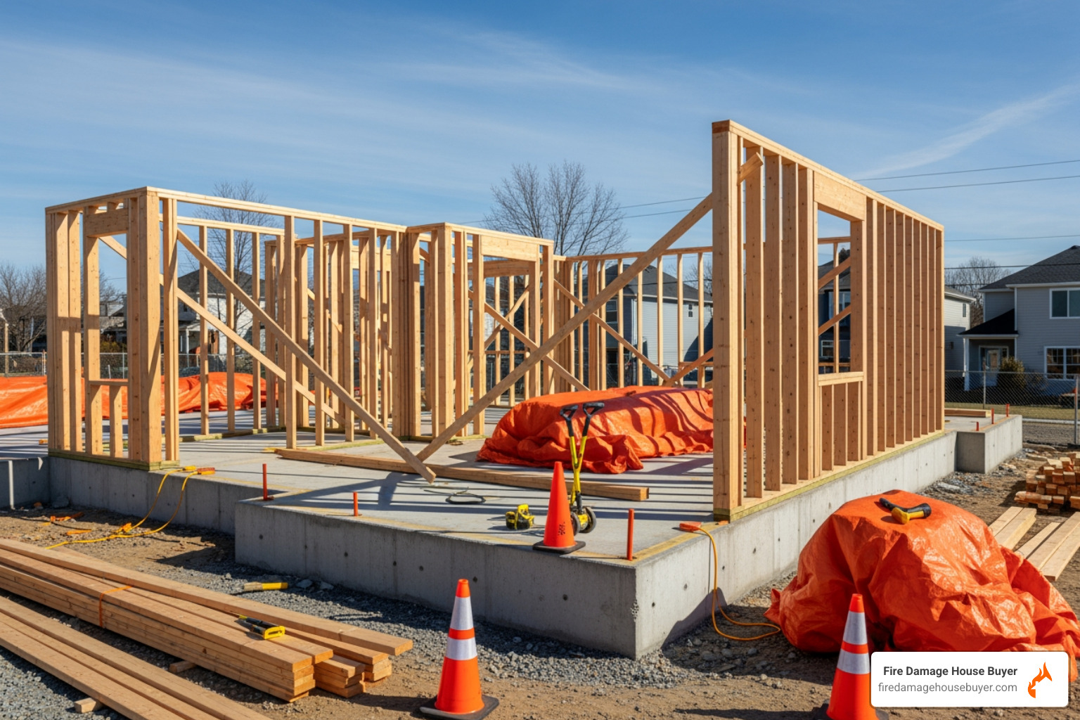 new house frame being constructed on an existing foundation - rebuilding a house after a fire new house frame being constructed on an existing foundation - rebuilding a house after a fire