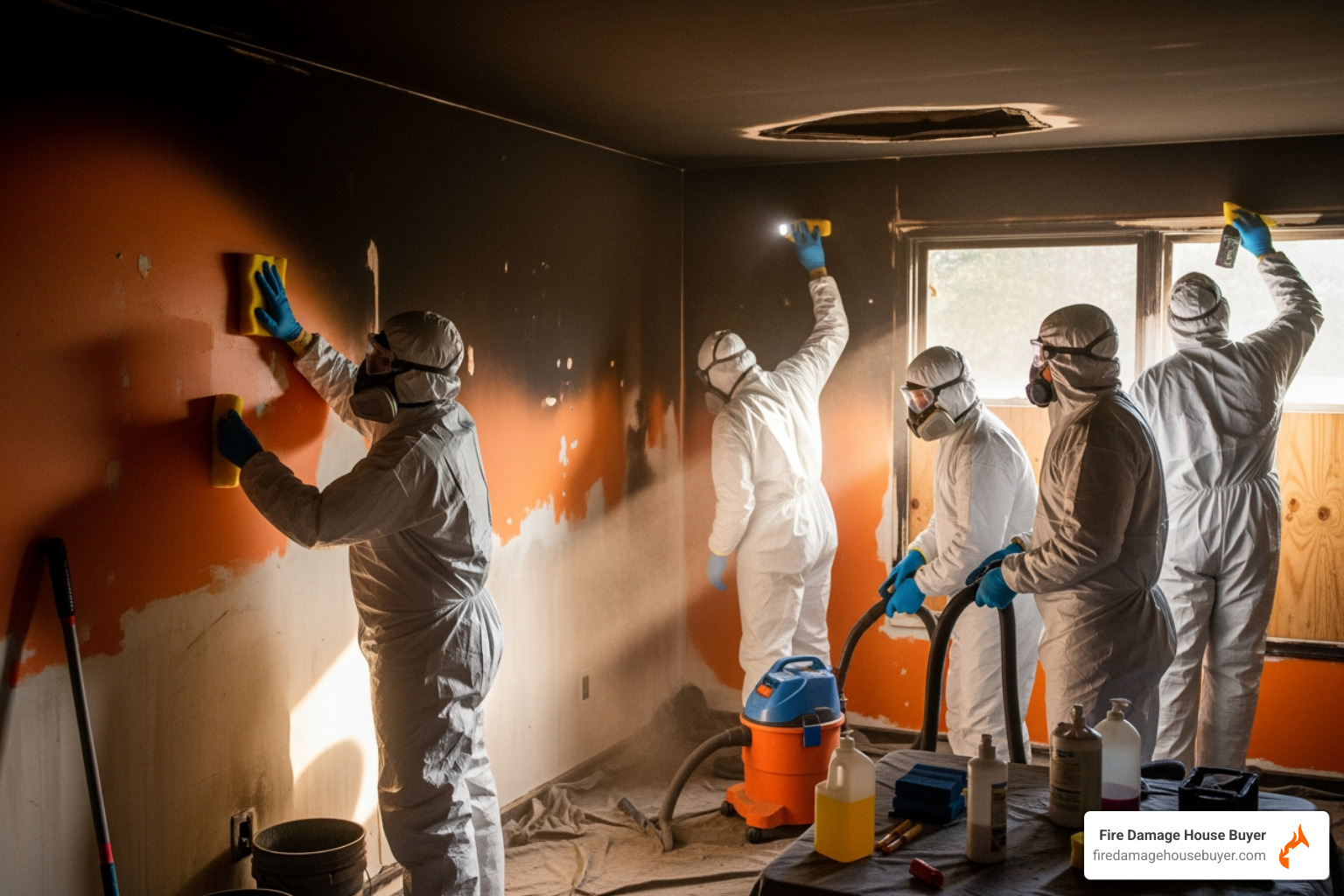 professionals in full PPE cleaning soot from walls - rebuilding a house after a fire professionals in full PPE cleaning soot from walls - rebuilding a house after a fire