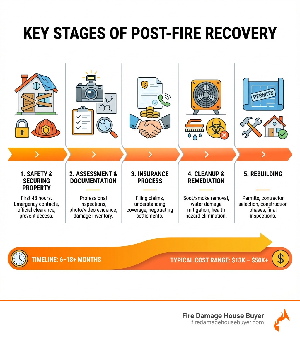 Key stages of post-fire recovery infographic - rebuilding a house after a fire infographic Key stages of post-fire recovery infographic - rebuilding a house after a fire infographic
