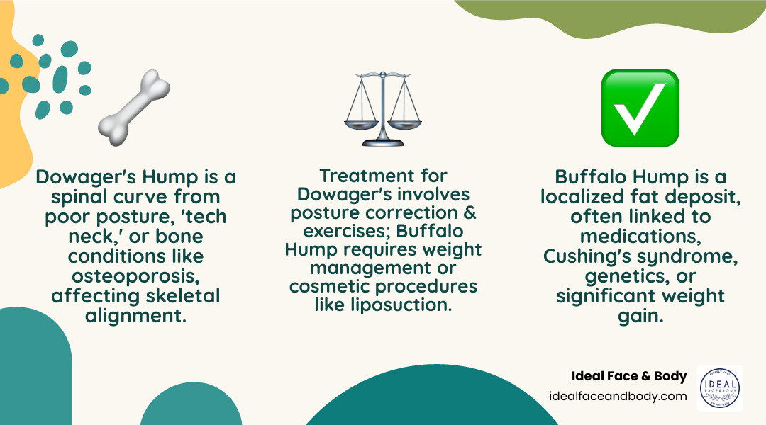 infographic comparing dowager's hump versus buffalo hump, showing side-by-side illustrations of the neck and upper back area with labels indicating that dowager's hump involves excessive spinal curvature from poor posture or bone changes while buffalo hump shows localized fat accumulation at the base of the neck, with key differences in causes, composition, and treatment approaches - Get Rid of Neck Hump infographic 3_facts_emoji_nature infographic comparing dowager's hump versus buffalo hump, showing side-by-side illustrations of the neck and upper back area with labels indicating that dowager's hump involves excessive spinal curvature from poor posture or bone changes while buffalo hump shows localized fat accumulation at the base of the neck, with key differences in causes, composition, and treatment approaches - Get Rid of Neck Hump infographic 3_facts_emoji_nature
